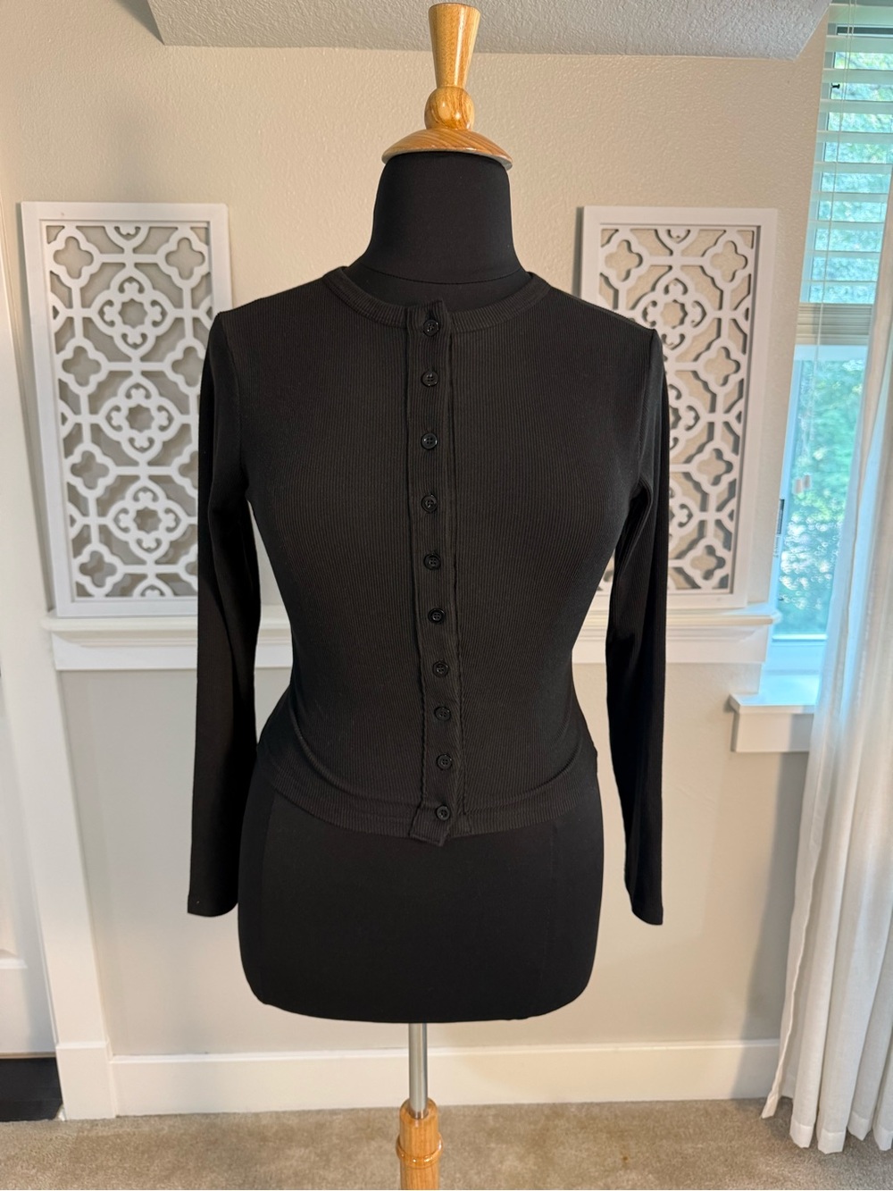 Slim Ribbed Button-Front Long-Sleeve Top in Black